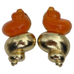1980s Vintage Christian Dior Parfums Gold Tone Orange Shell Clip On Earrings