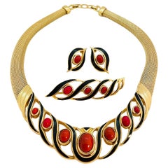 Vintage CHRISTIAN DIOR parure set necklace earrings brooch coral enamel crystal 