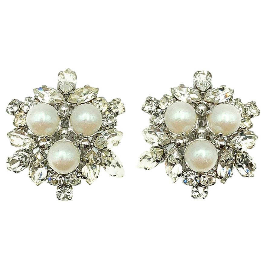 Vintage Christian Dior Pearl & Crystal Star Earrings 1966 For Sale