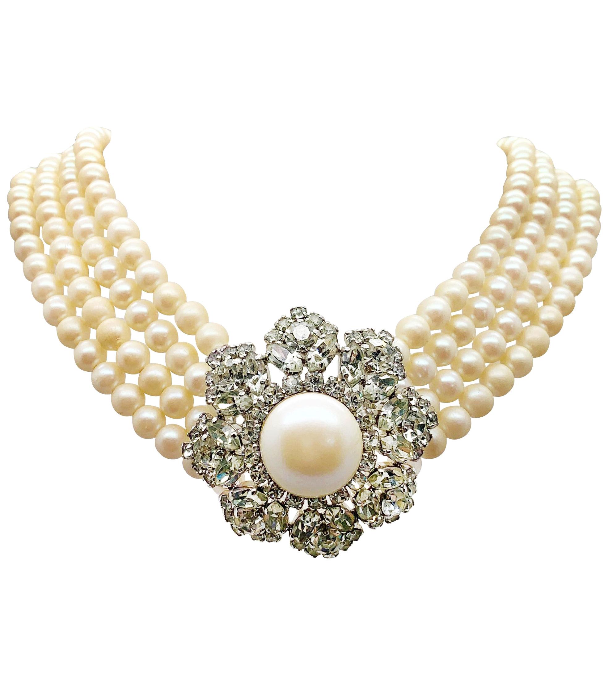 Vintage Christian Dior Pearl & Fancy Cut Crystal Statement Choker Necklace 1970