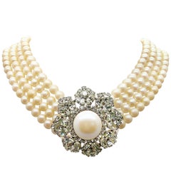 Vintage Christian Dior Pearl & Fancy Cut Crystal Statement Choker Necklace 1970