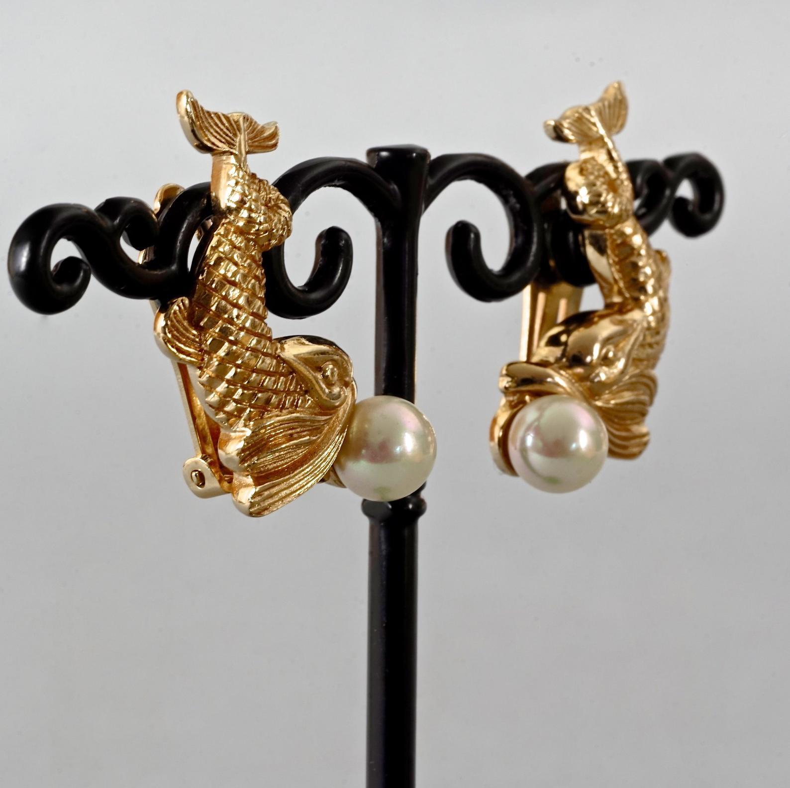 Vintage CHRISTIAN DIOR Pearl Fish Earrings 1