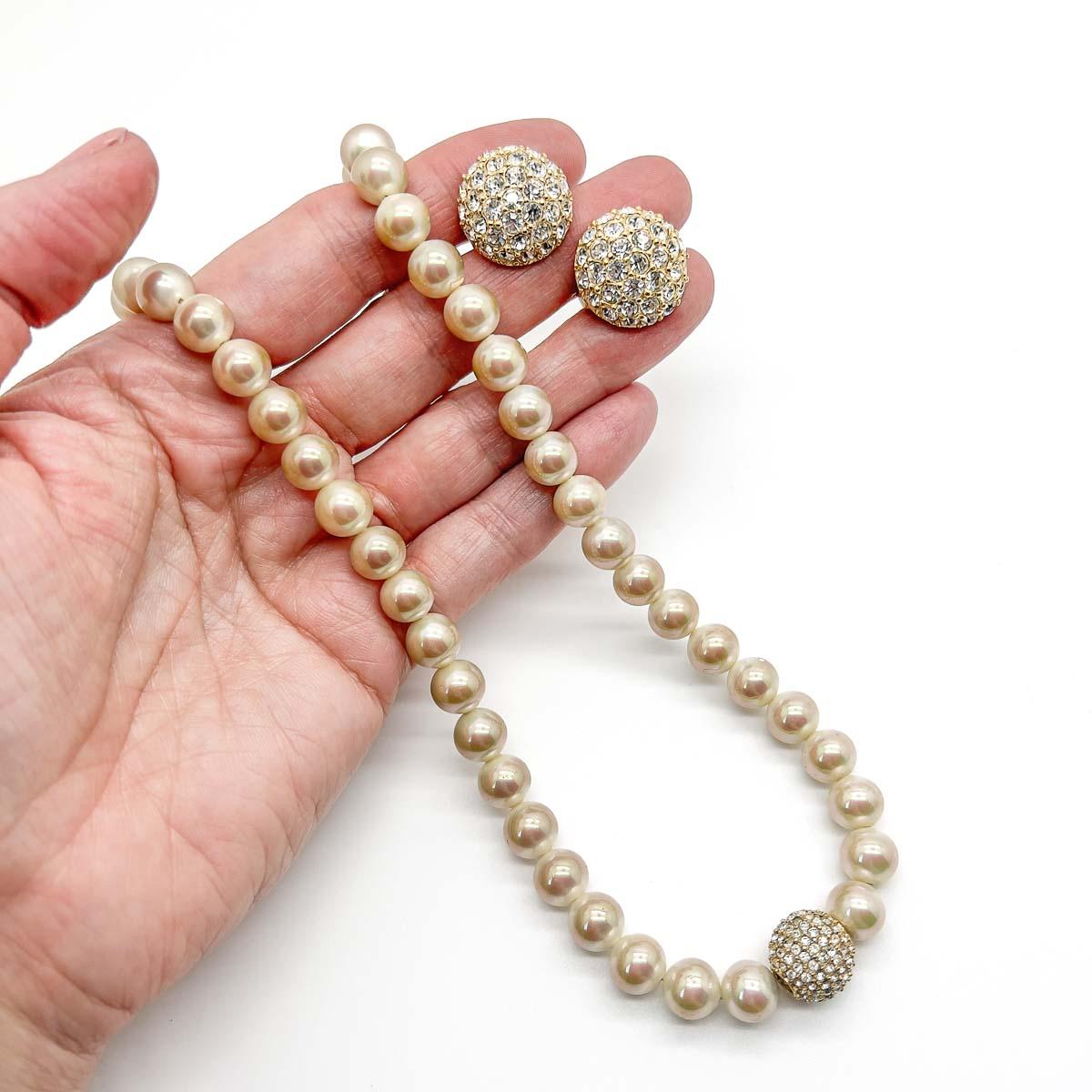A Vintage Dior Pearl Crystal Necklace and Earring Set. The epitome of chic and a timeless style hero from the House of Dior. A perfect self indulgence, gift or wedding jewel.
With archive pieces from her own Dior collection displayed in London's