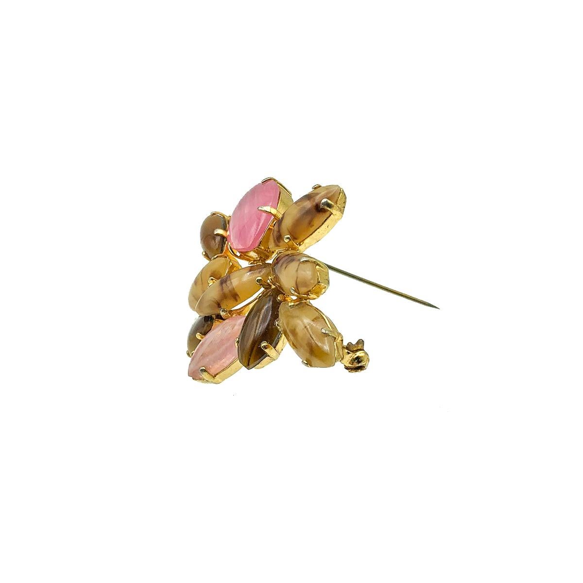 Vintage Christian Dior Pink & Brown Marquise Art Glass Brooch 1962 In Good Condition For Sale In Wilmslow, GB