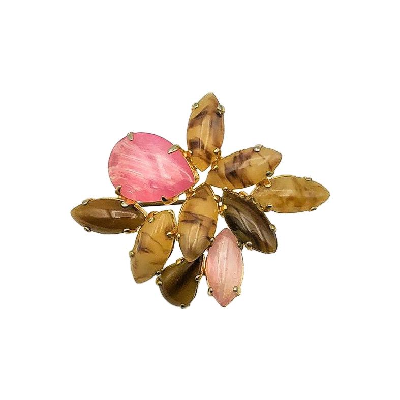 Vintage Christian Dior Pink & Brown Marquise Art Glass Brooch 1962 For Sale