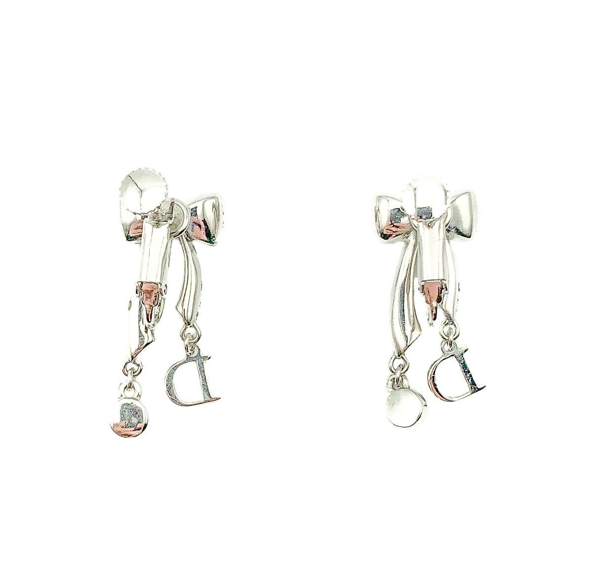 dior crystal pearl bow earrings silver