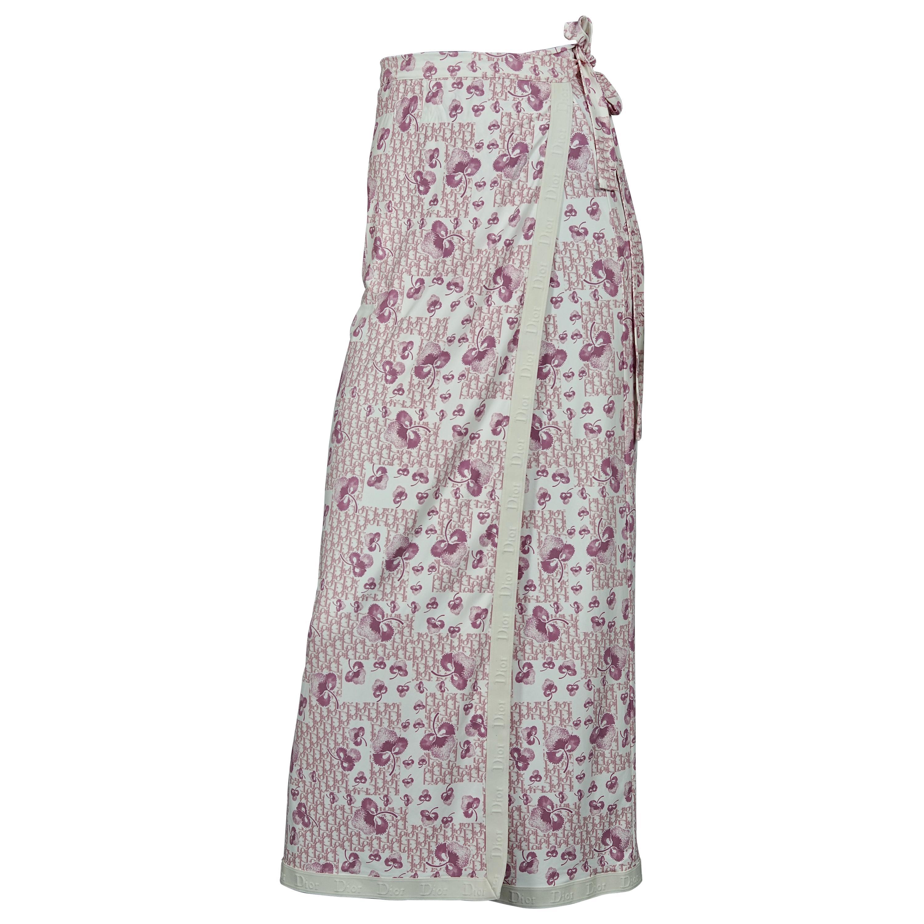 Vintage CHRISTIAN DIOR Pink Floral Logo Monogram Pareo Wraparound Skirt
