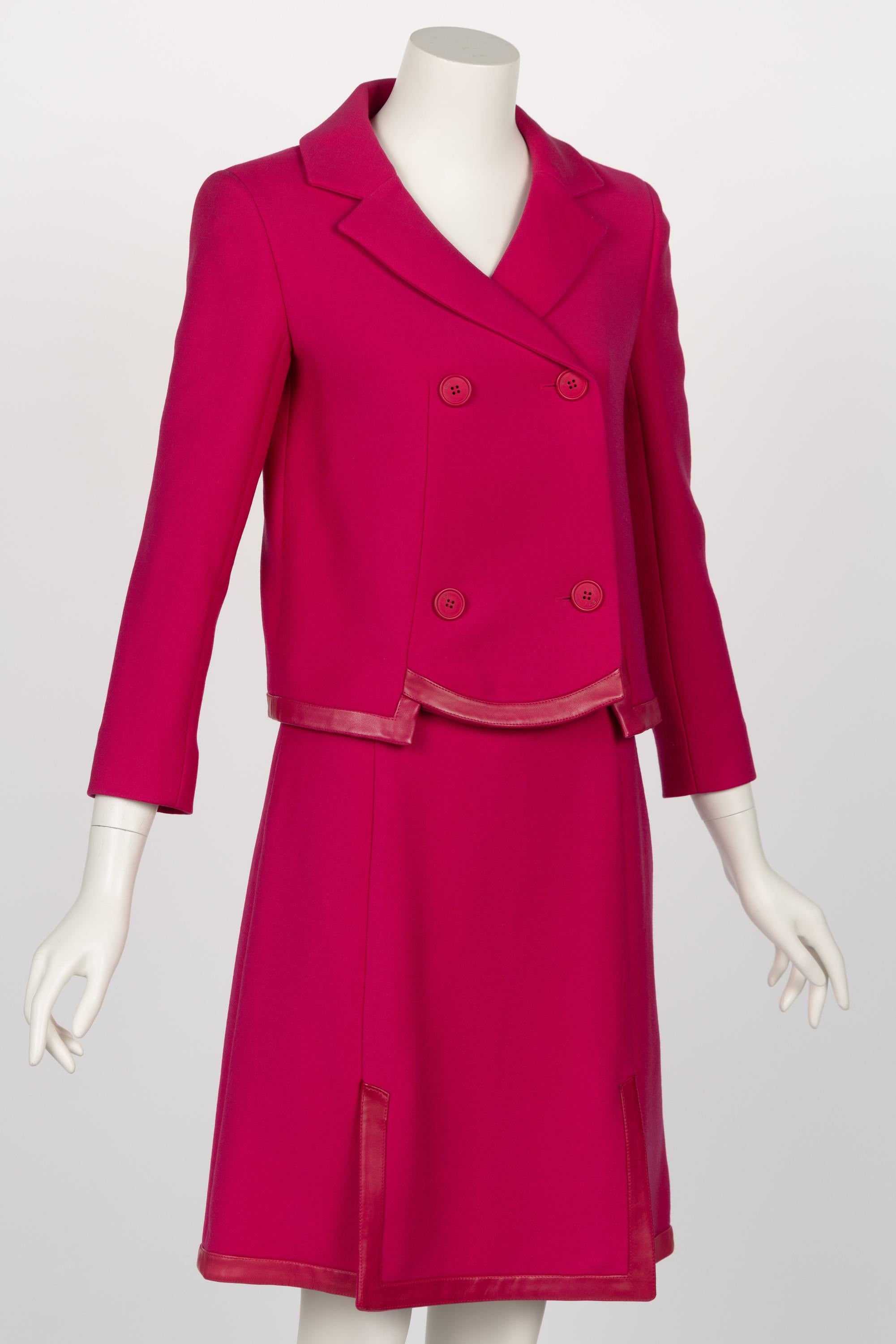 Vintage Christian Dior Pink Leather Trimmed Skirt Suit In Excellent Condition For Sale In Boca Raton, FL