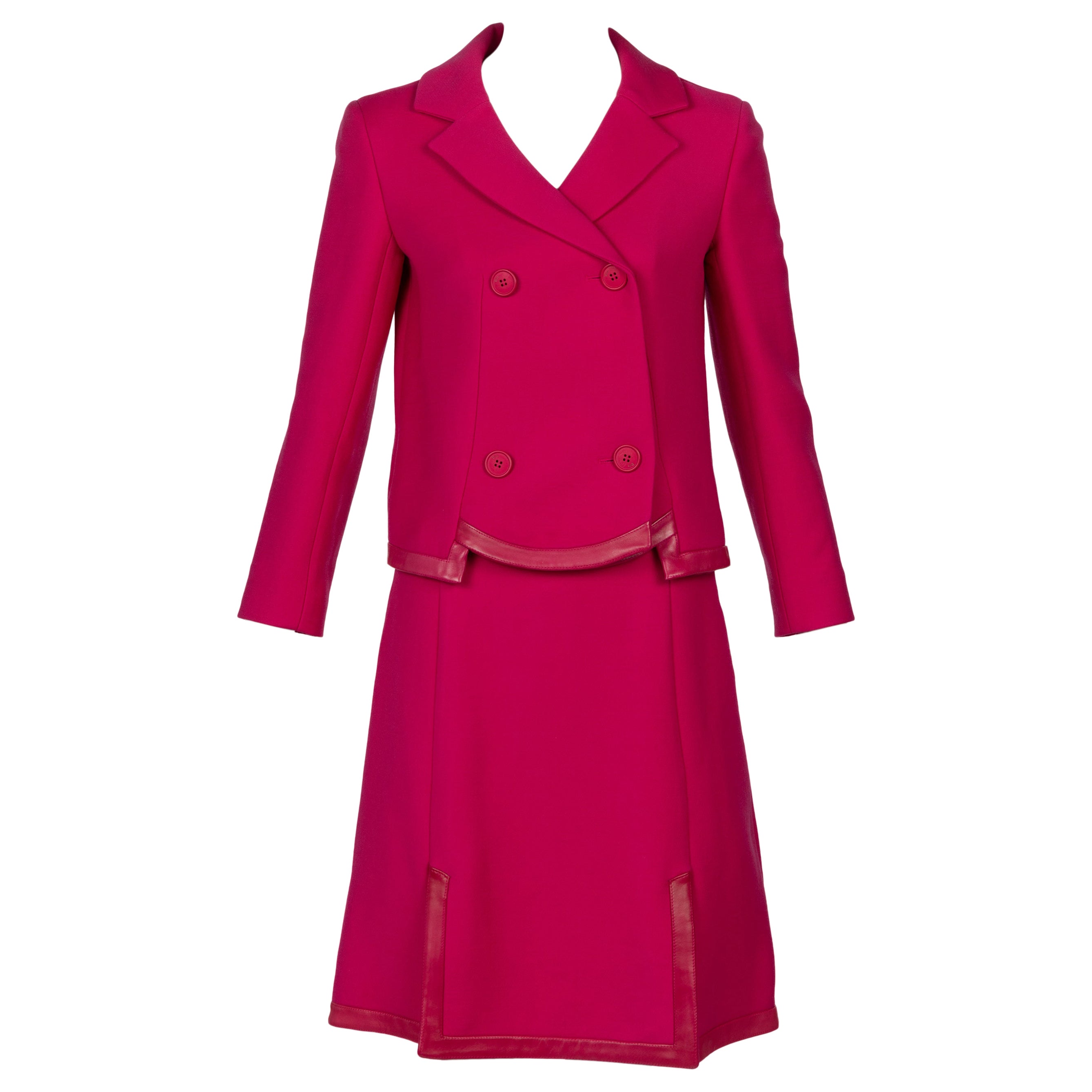 Vintage Christian Dior Rosa Rockanzug mit Lederbesatz und Rockanzug