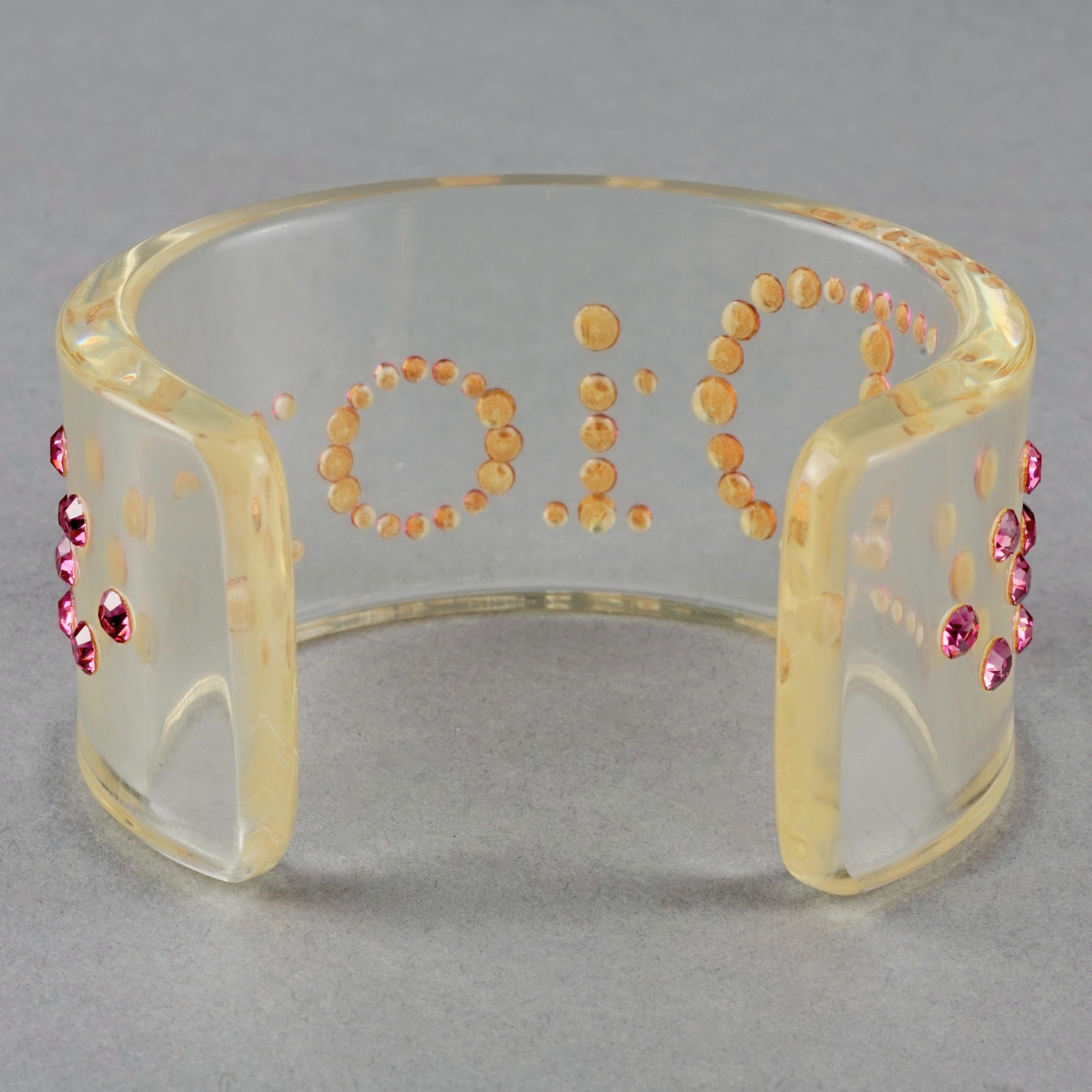 Vintage CHRISTIAN DIOR Pink Logo Rhinestone Lucite Bracelet Cuff For Sale 3