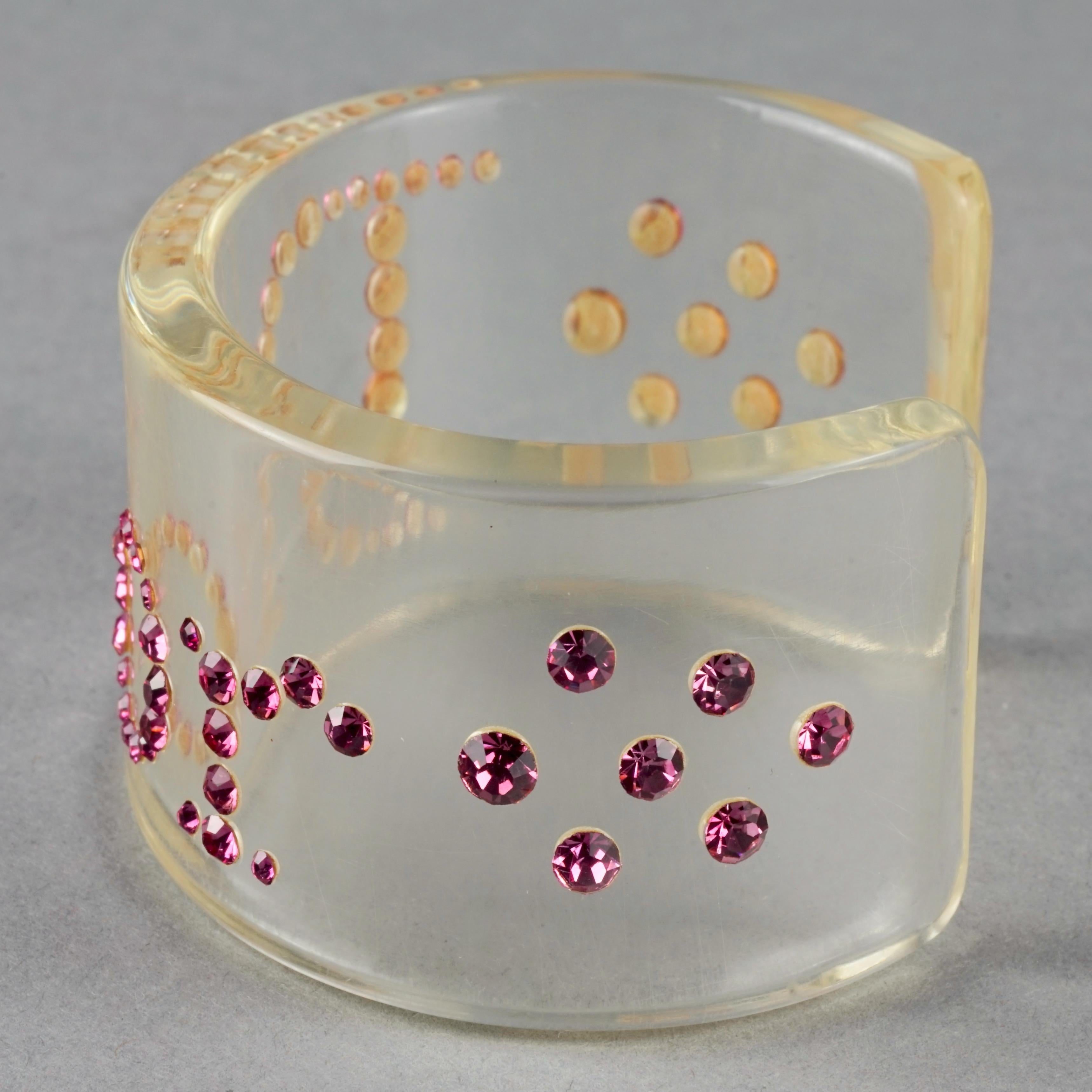 Women's Vintage CHRISTIAN DIOR Pink Logo Rhinestone Lucite Bracelet Cuff For Sale