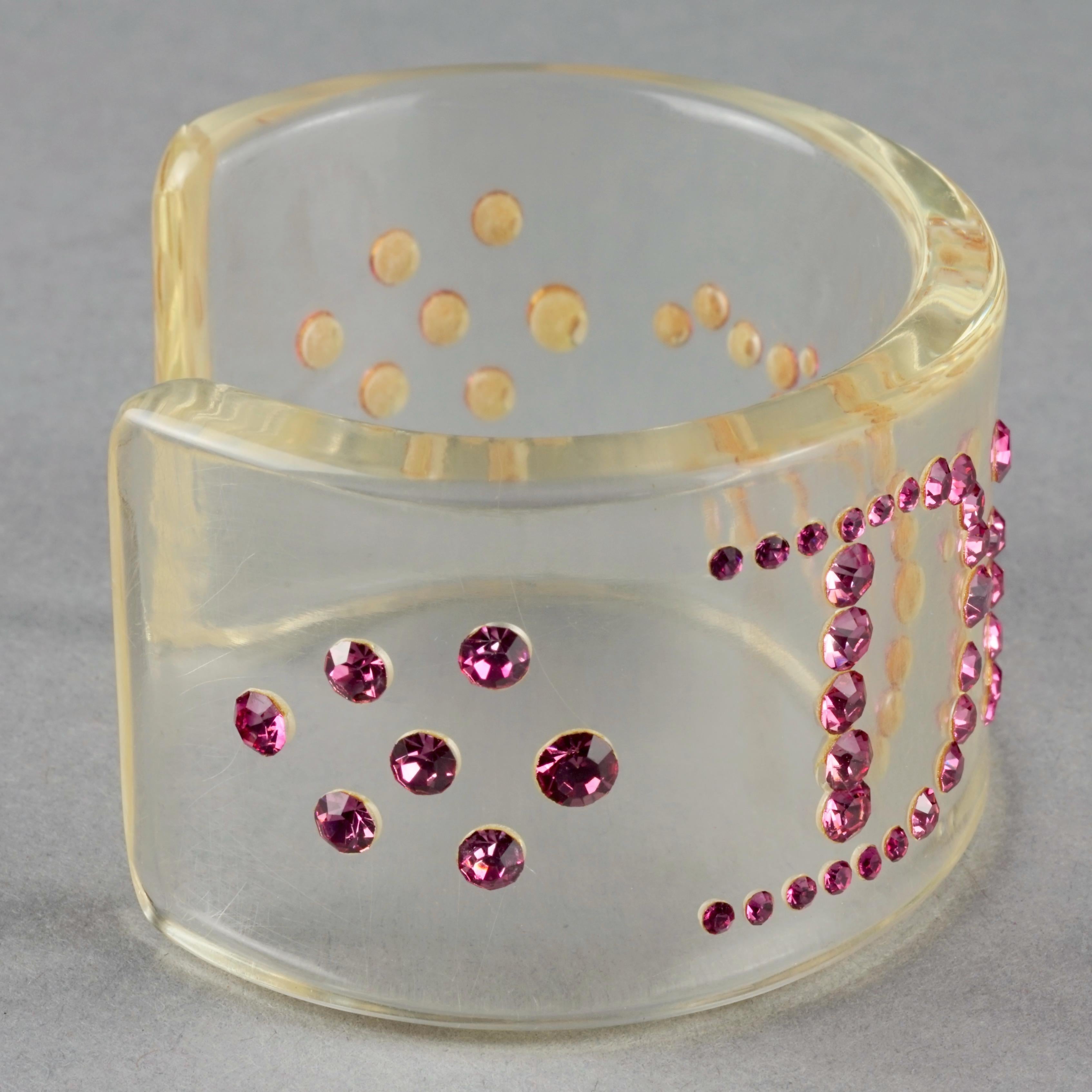 Vintage CHRISTIAN DIOR Pink Logo Rhinestone Lucite Bracelet Cuff For Sale 1