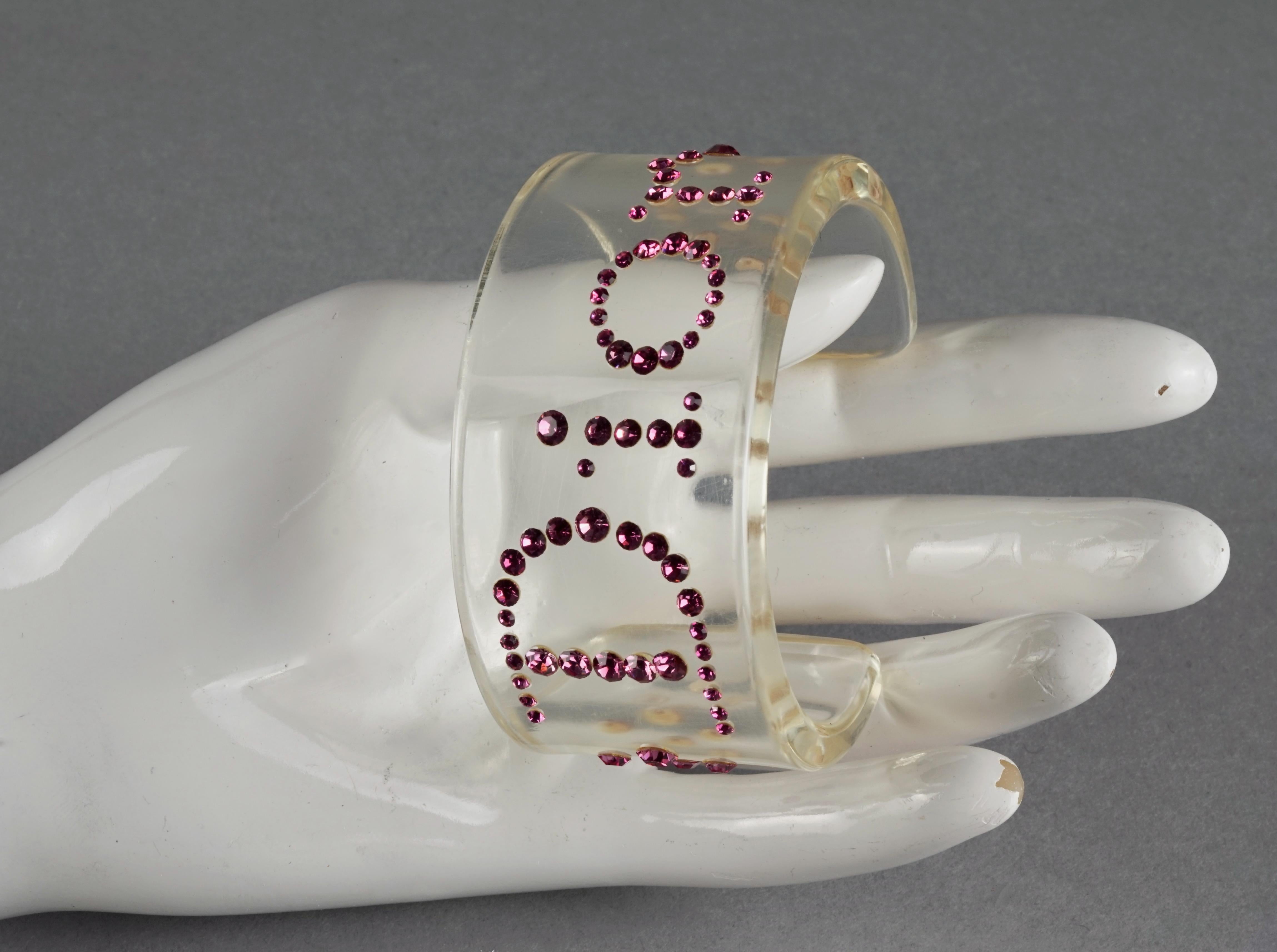 Vintage CHRISTIAN DIOR Pink Logo Rhinestone Lucite Bracelet Cuff For Sale 2