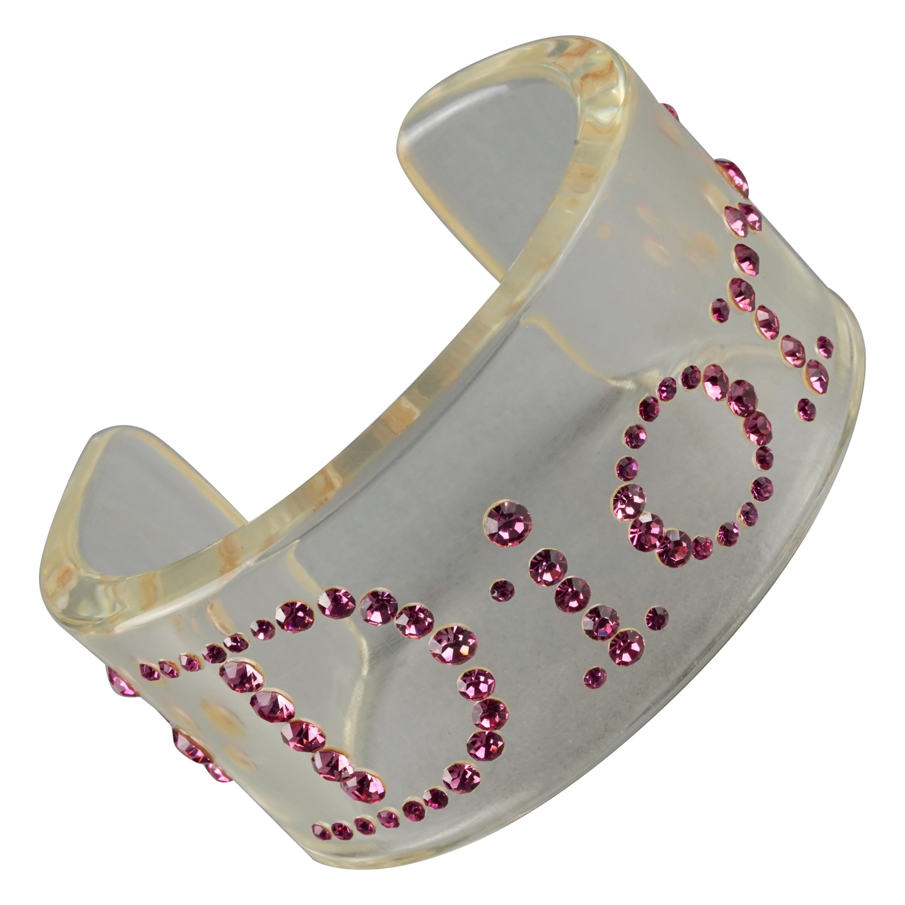 Vintage CHRISTIAN DIOR Pink Logo Rhinestone Lucite Bracelet Cuff For Sale