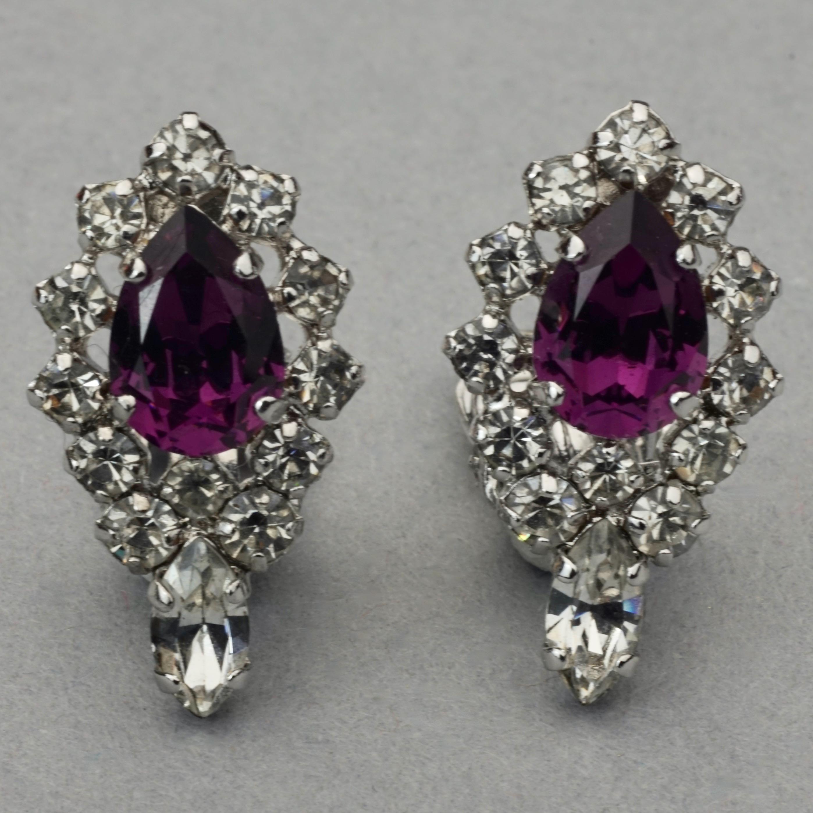 Vintage CHRISTIAN DIOR Purple Amethyst Rhinestone Earrings In Excellent Condition For Sale In Kingersheim, Alsace