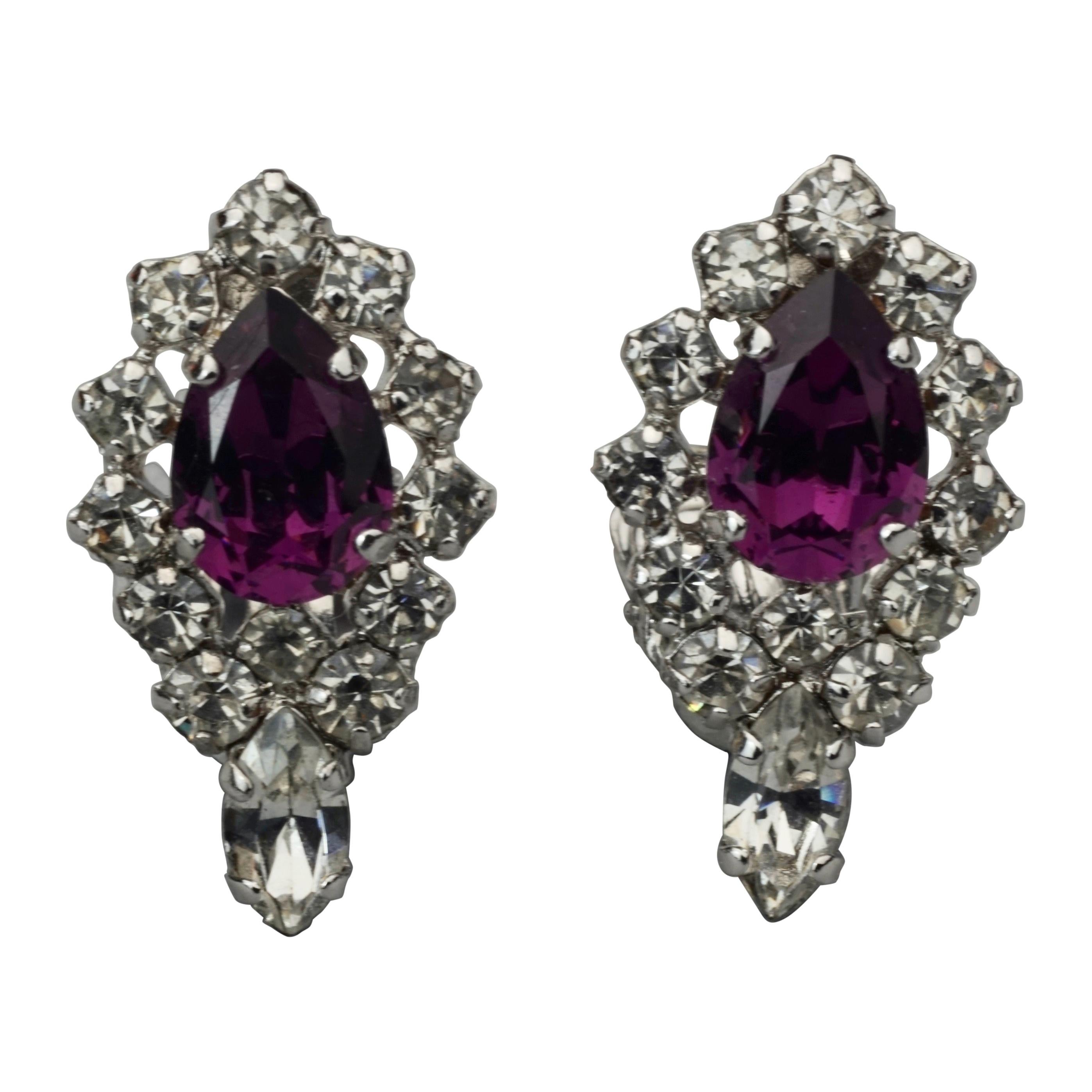Vintage CHRISTIAN DIOR Purple Amethyst Rhinestone Earrings For Sale