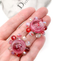 Vintage Christian Dior Raspberry Ripple Art Glass Button Earrings dated 1969