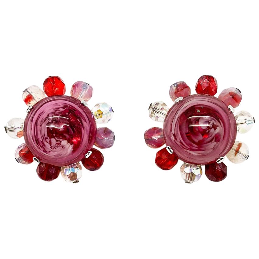 Vintage Christian Dior Raspberry Ripple Art Glass Button Earrings dated 1969