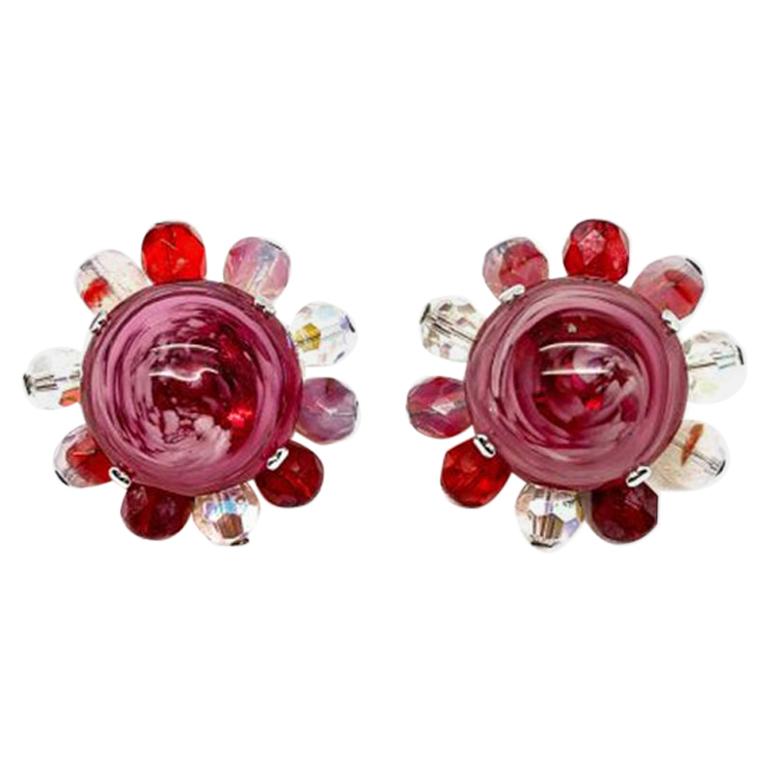 Vintage Christian Dior Raspberry Ripple Glass Earrings 1969 For Sale