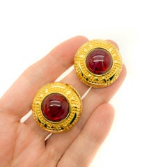 Vintage Christian Dior Ruby Glass Cabochon Earrings 1980s