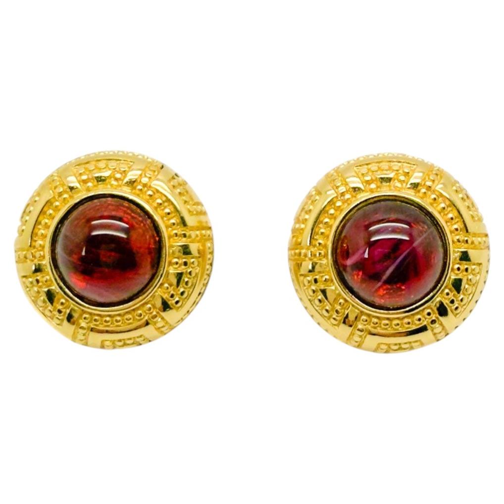 Vintage Christian Dior Ruby Glass Cabochon Earrings 1980s For Sale
