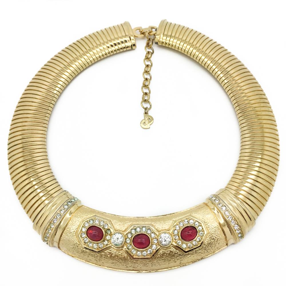 Vintage Christian Dior Ruby Glass Gold Collar Necklace 1990s In Good Condition In Wilmslow, GB