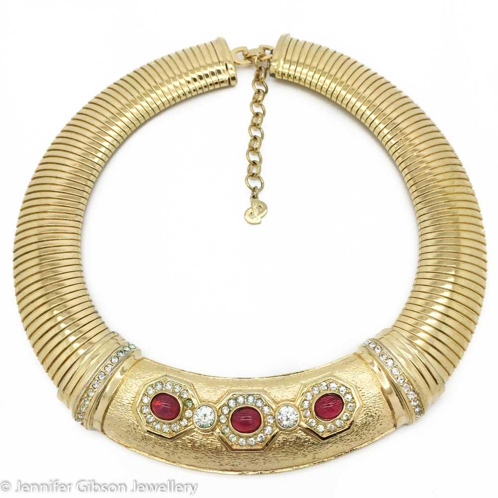 Women's Vintage Christian Dior Ruby Glass Gold Collar Necklace 1990s