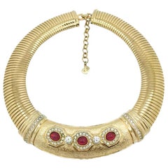 Vintage Christian Dior Ruby Glass Gold Collar Necklace 1990s