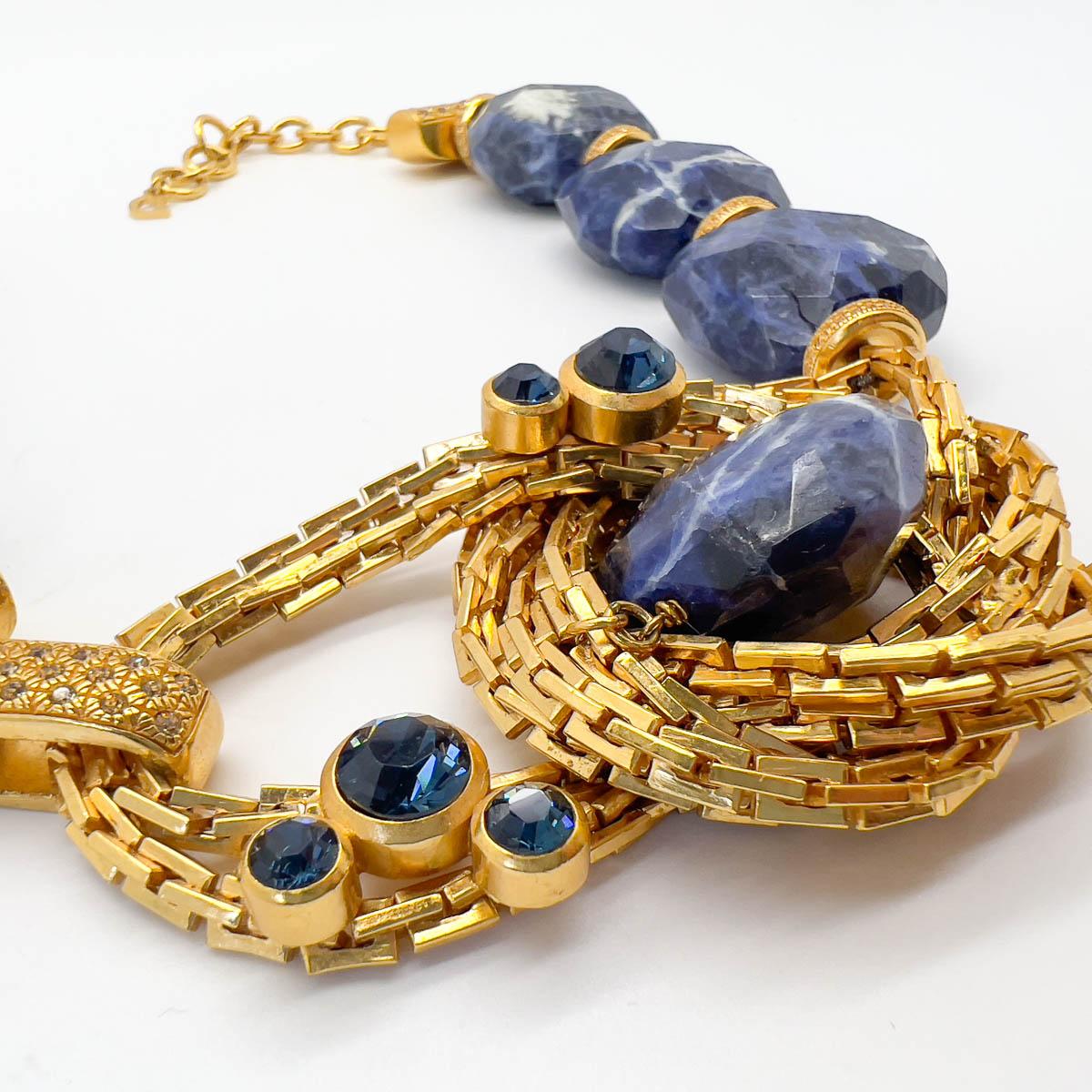 A rare and spectacular Vintage Christian Dior Runway Lapis Collar from the 1990s. A wearable work of art from the House of Dior, most likely hailing from the Gianfranco Ferré era and quite possibly a runway piece. Exceptional craftmanship, scale and