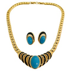 Vintage CHRISTIAN DIOR runway necklace earrings set turquoise enamel crystal
