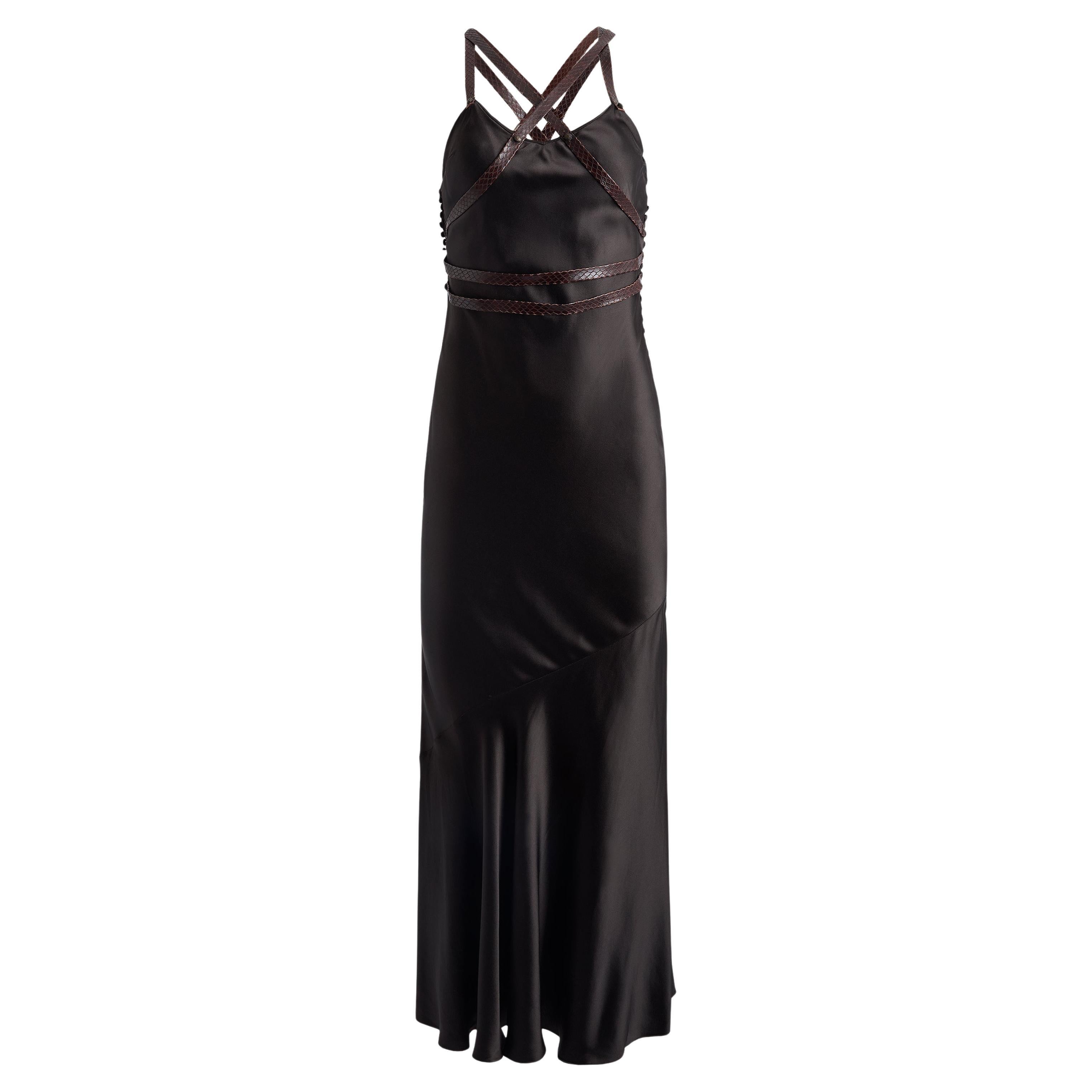 Vintage Christian Dior P/E 2001 Abito con cinturino in pelle marrone tagliato in sbieco