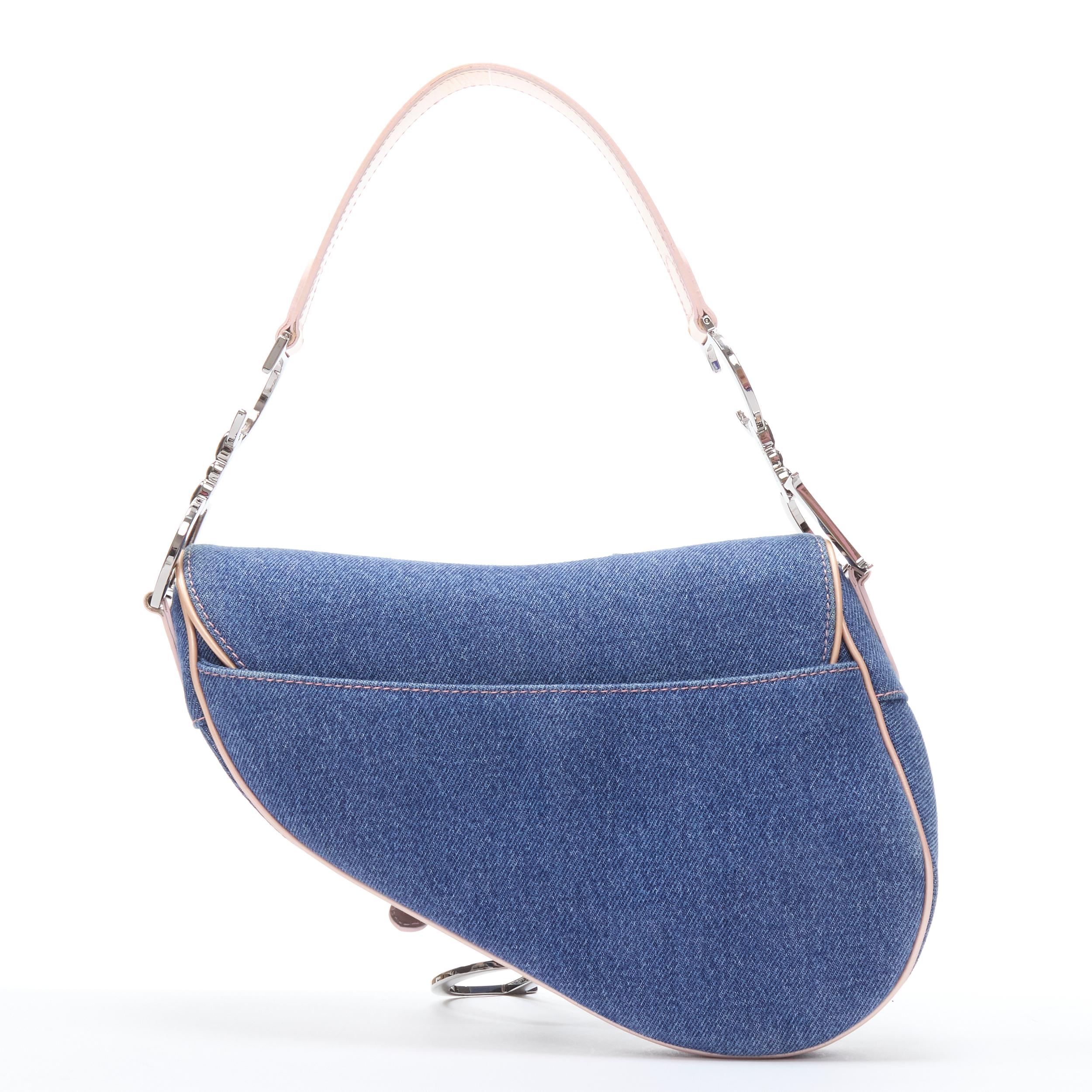 vintage CHRISTIAN DIOR Saddle blue denim jean pocket beige patent shoulder bag In Good Condition In Hong Kong, NT