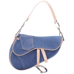 vintage CHRISTIAN DIOR Saddle blue denim jean pocket beige patent shoulder bag