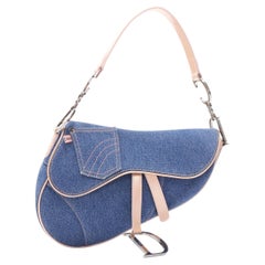 vintage CHRISTIAN DIOR Sattelblaue Denim-Jeans-Tasche beige Lack-Umhängetasche