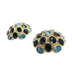 Vintage Christian Dior Sapphire & Aqua Fancy Cut Crystal Dome Earrings Rare1980s