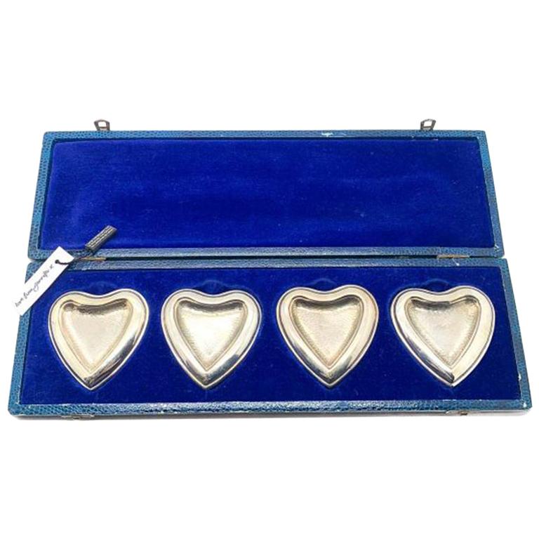 Vintage Christian Dior Set Of Four Silver Plated Heart Ring Trays Original Case  For Sale