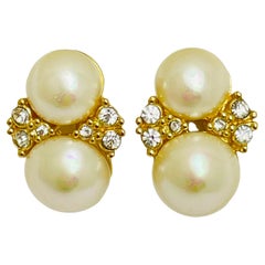 Vintage CHRISTIAN DIOR signierte Goldperlen Strass Designer-Ohrclips an Ohrringen