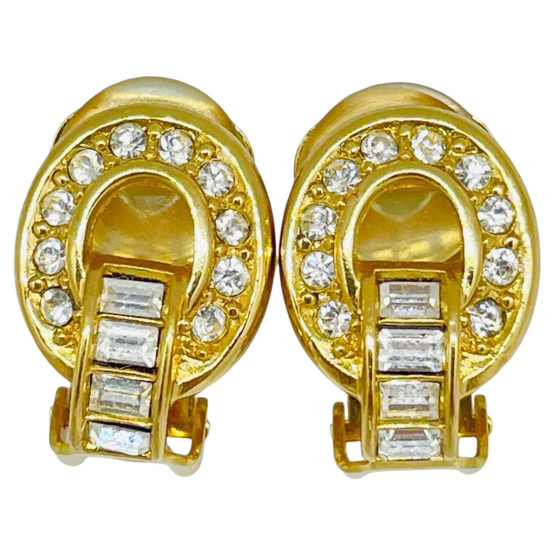 Vintage CHRISTIAN DIOR signed gold plated crystals designer clip on earrings For Sale