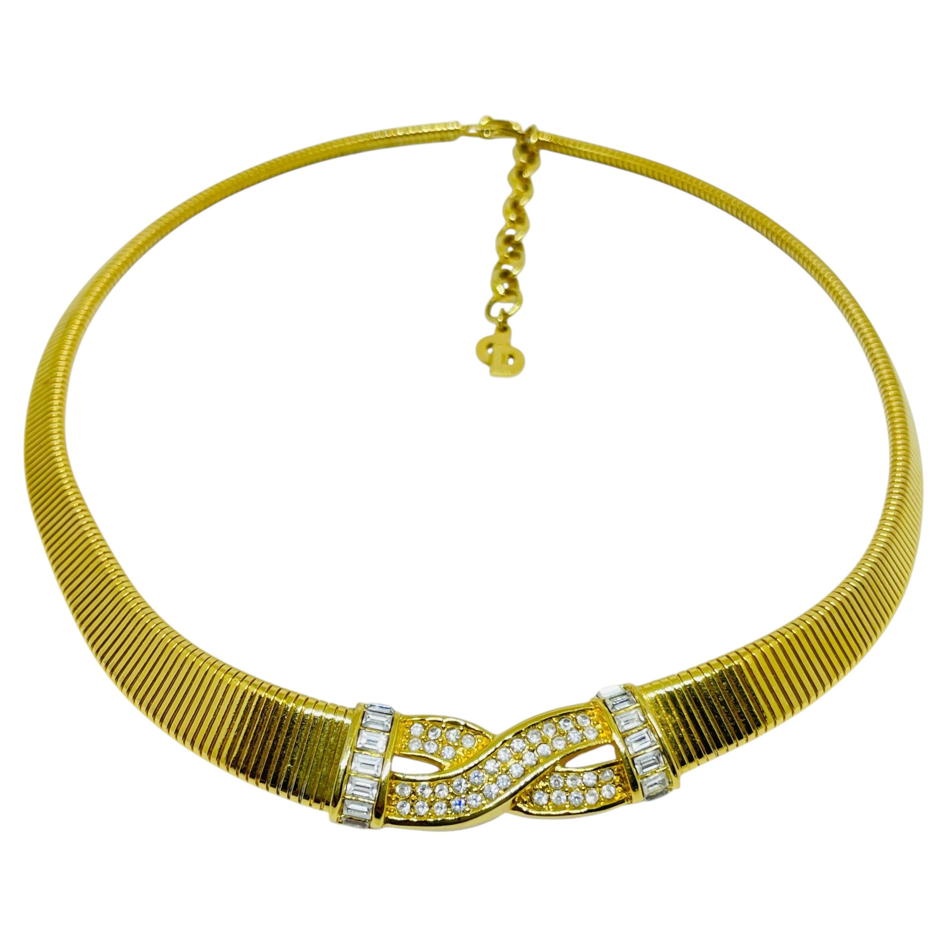 Collar de diseñador vintage CHRISTIAN DIOR de cadena omega con cristales chapados en oro firmado