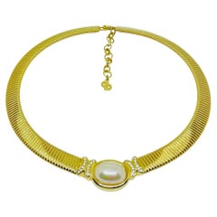 Vintage CHRISTIAN DIOR signed gold plated crystals pearl omega chain necklace