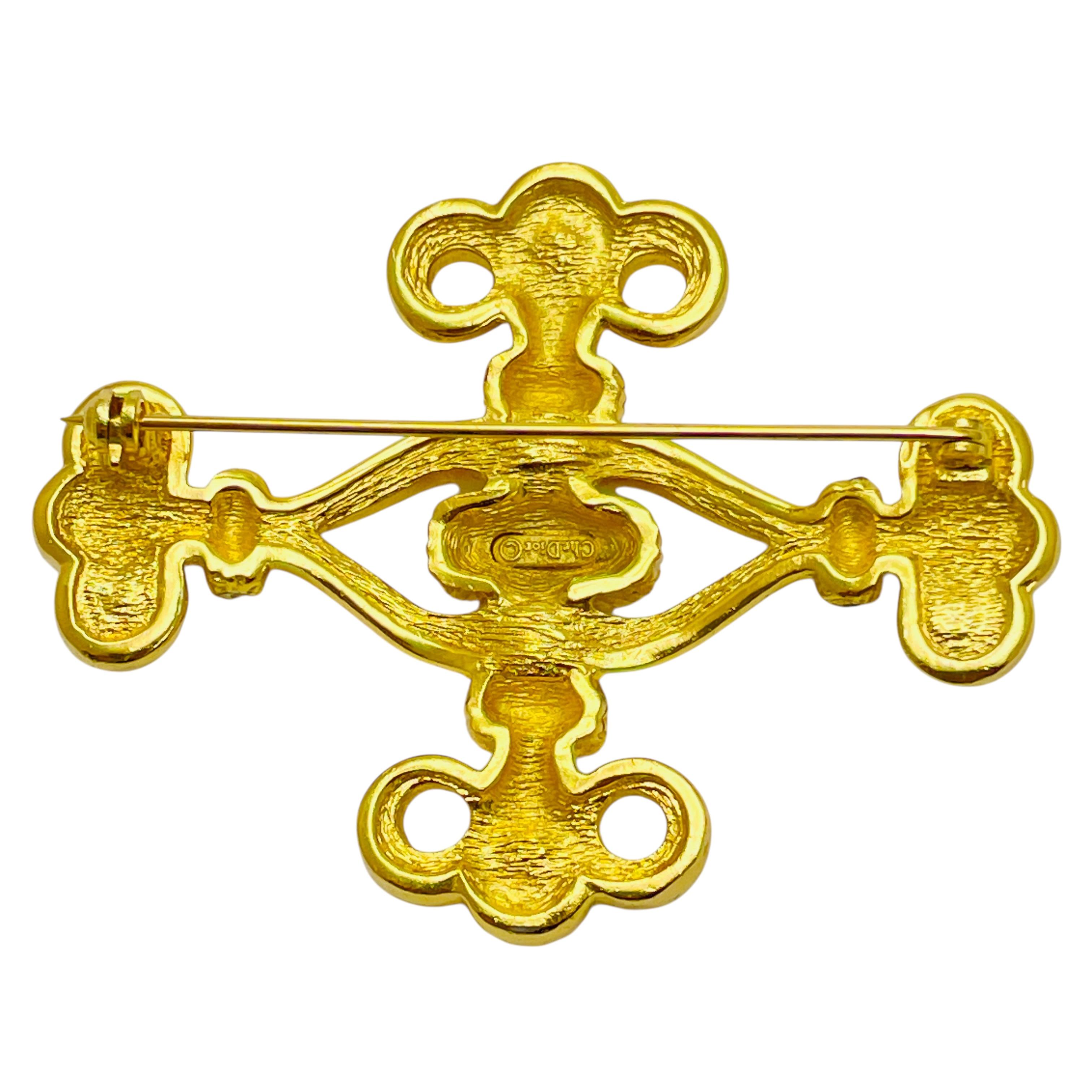 Women's Vintage CHRISTIAN DIOR signed maltese cross gold crystals designer runway brooch For Sale