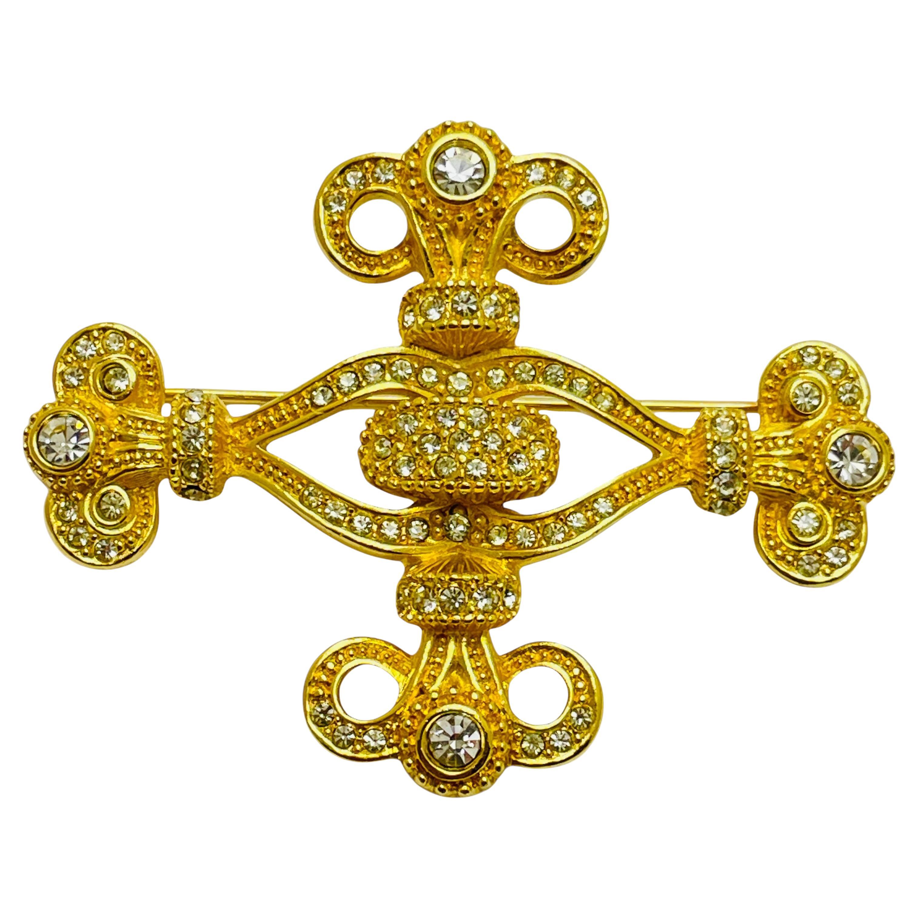 Vintage CHRISTIAN DIOR signed maltese cross gold crystals designer runway brooch For Sale