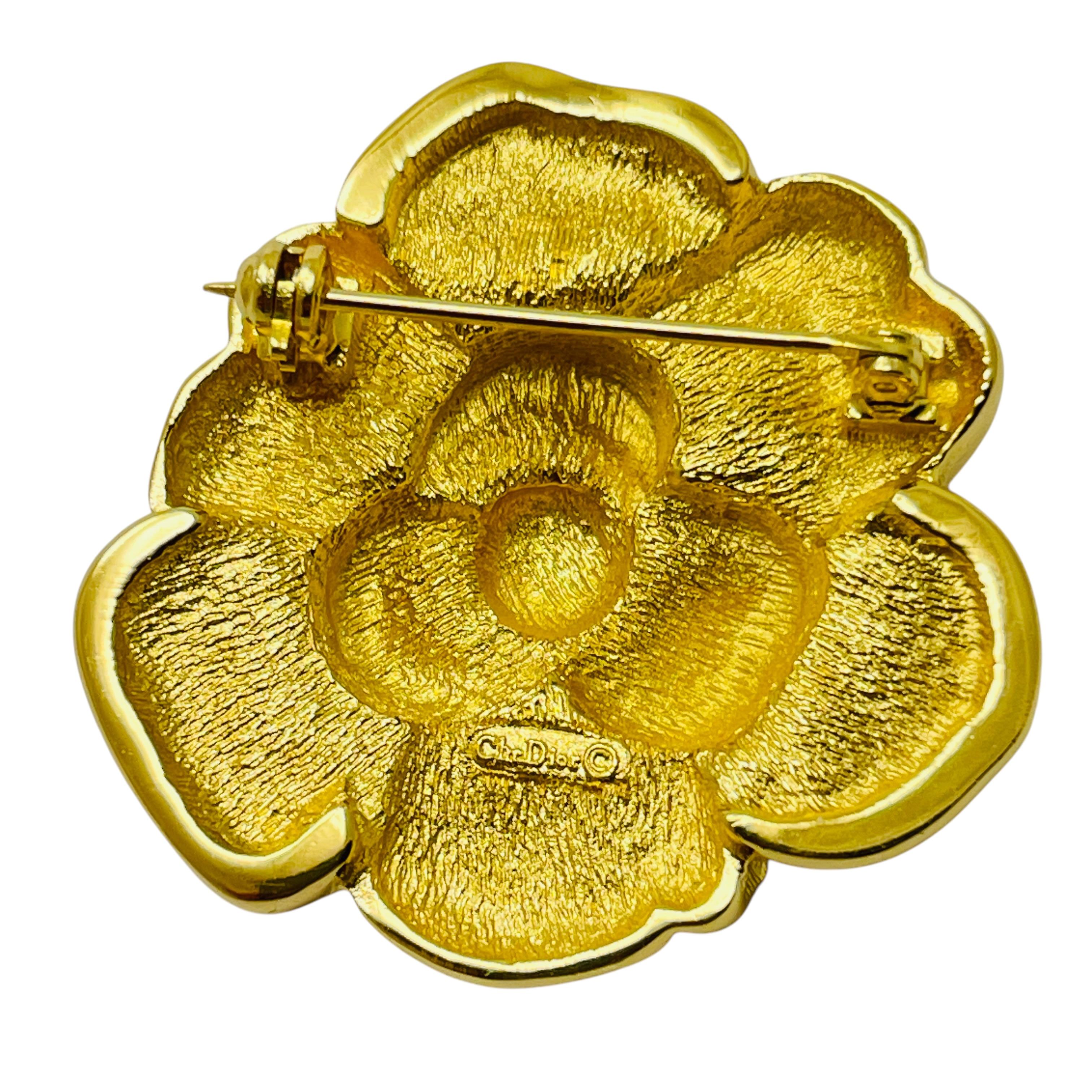 Vintage CHRISTIAN DIOR signed rose flower gold crystals designer runway brooch In Good Condition In Palos Hills, IL