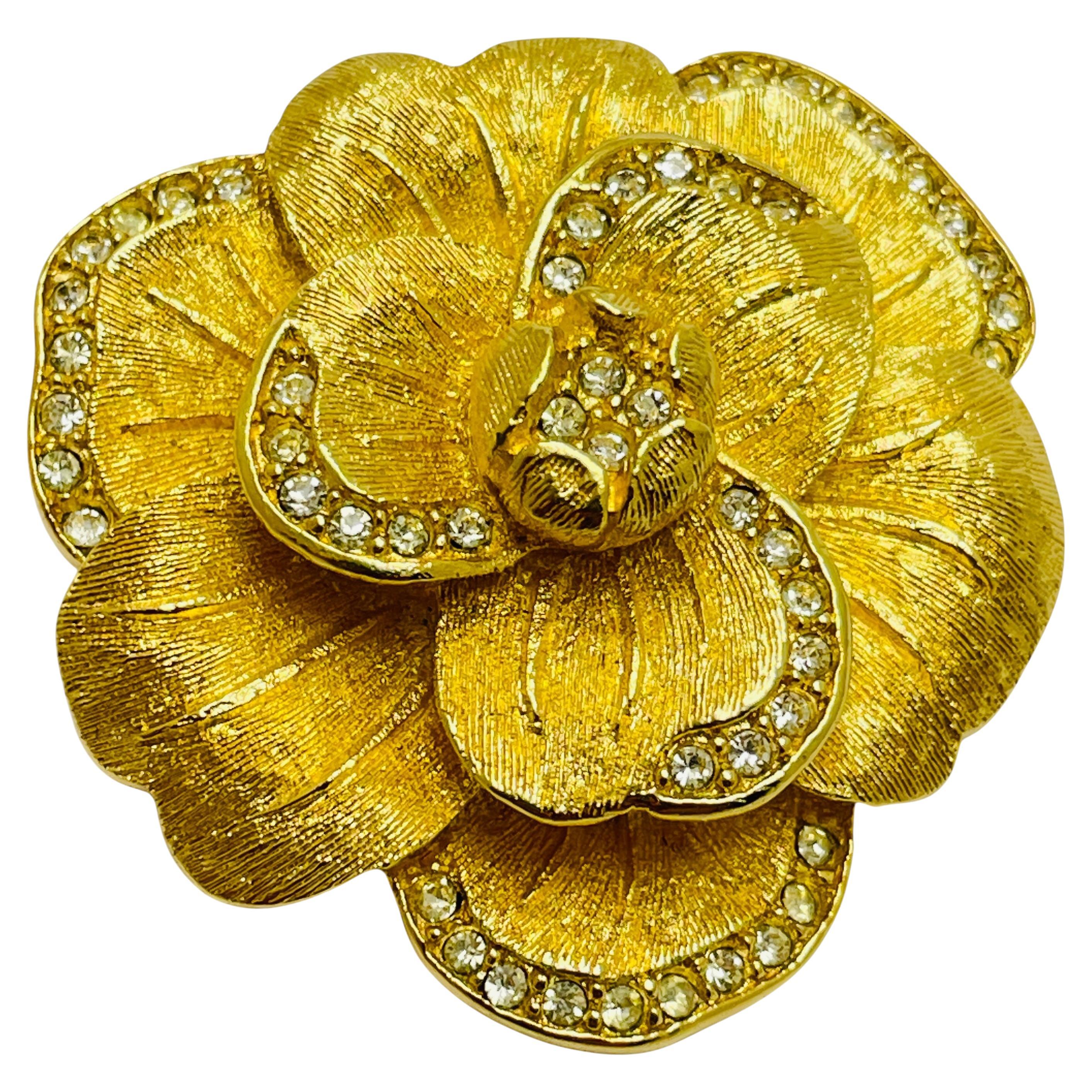 Vintage CHRISTIAN DIOR signed rose flower gold crystals designer runway brooch