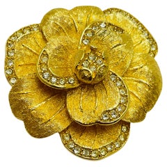 Vintage CHRISTIAN DIOR signed rose flower gold crystals designer runway brooch