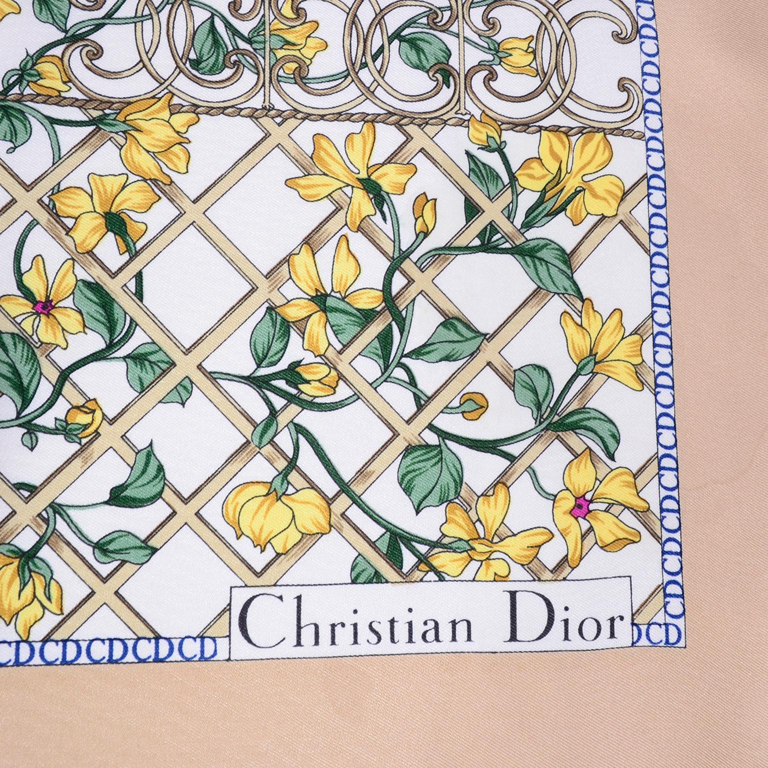 Beige Vintage Christian Dior Sil Scarf in Floral Bird Botanical Print