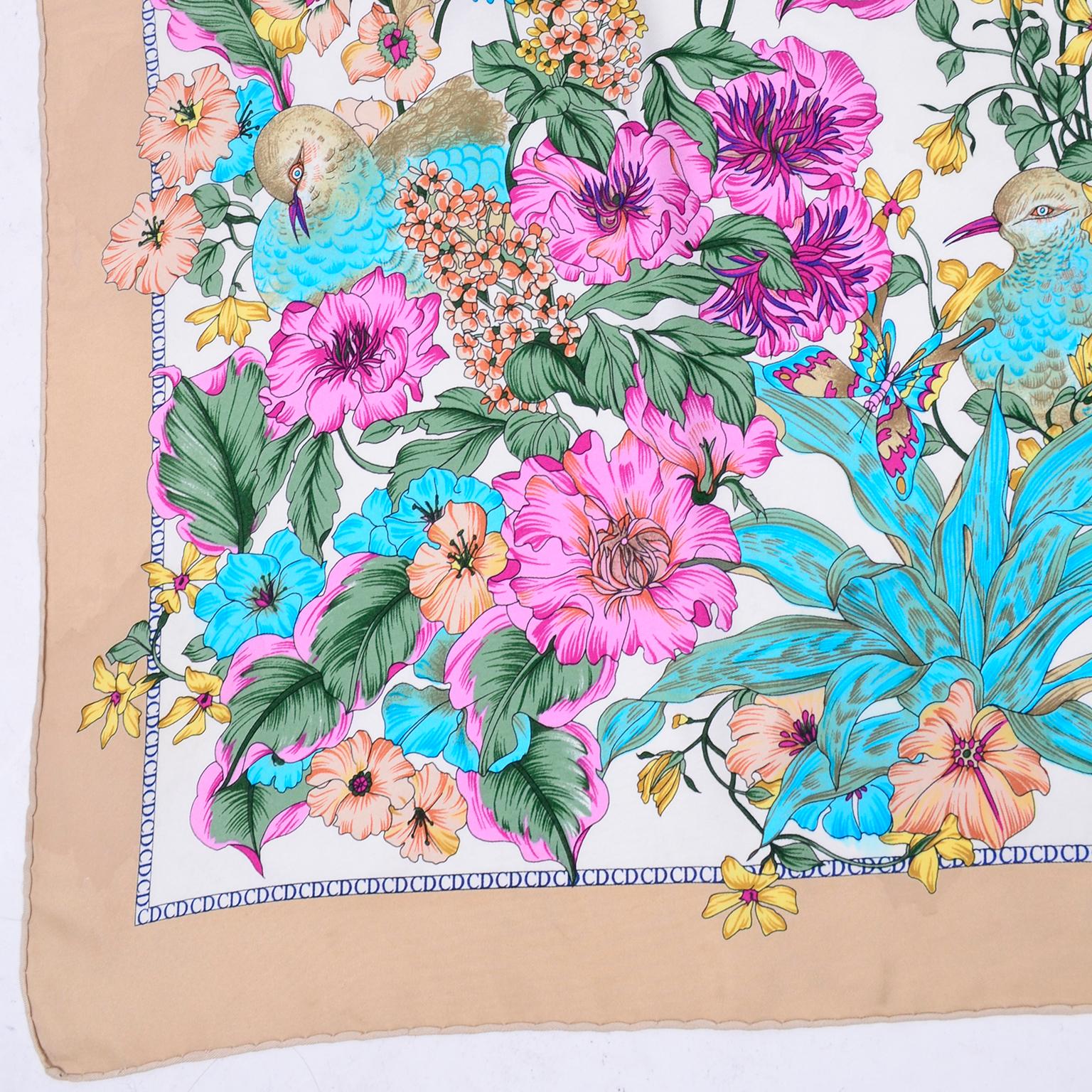 Vintage Christian Dior Sil Scarf in Floral Bird Botanical Print In Excellent Condition In Portland, OR