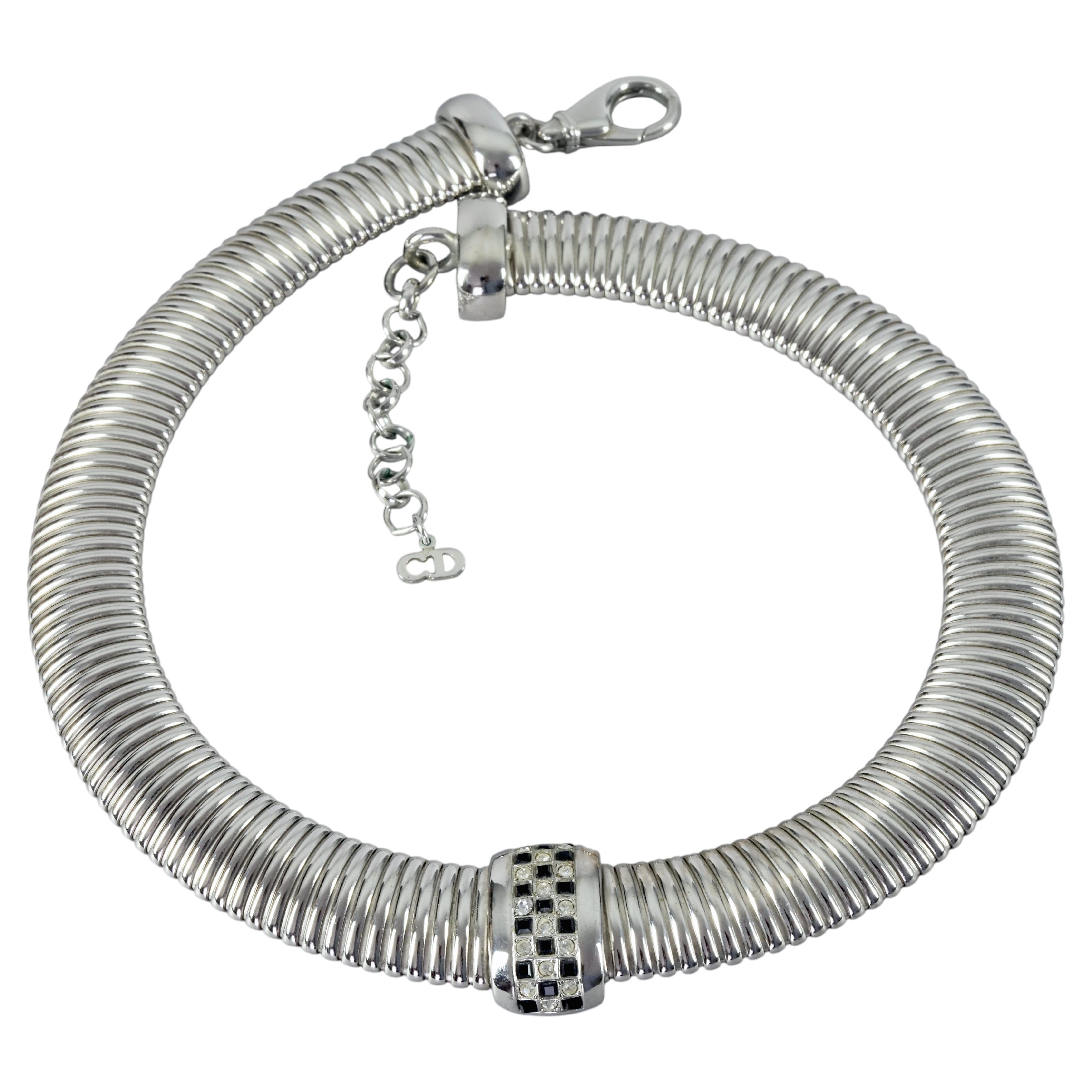 Vintage CHRISTIAN DIOR Silver Checkerboard Crystal Necklace For Sale