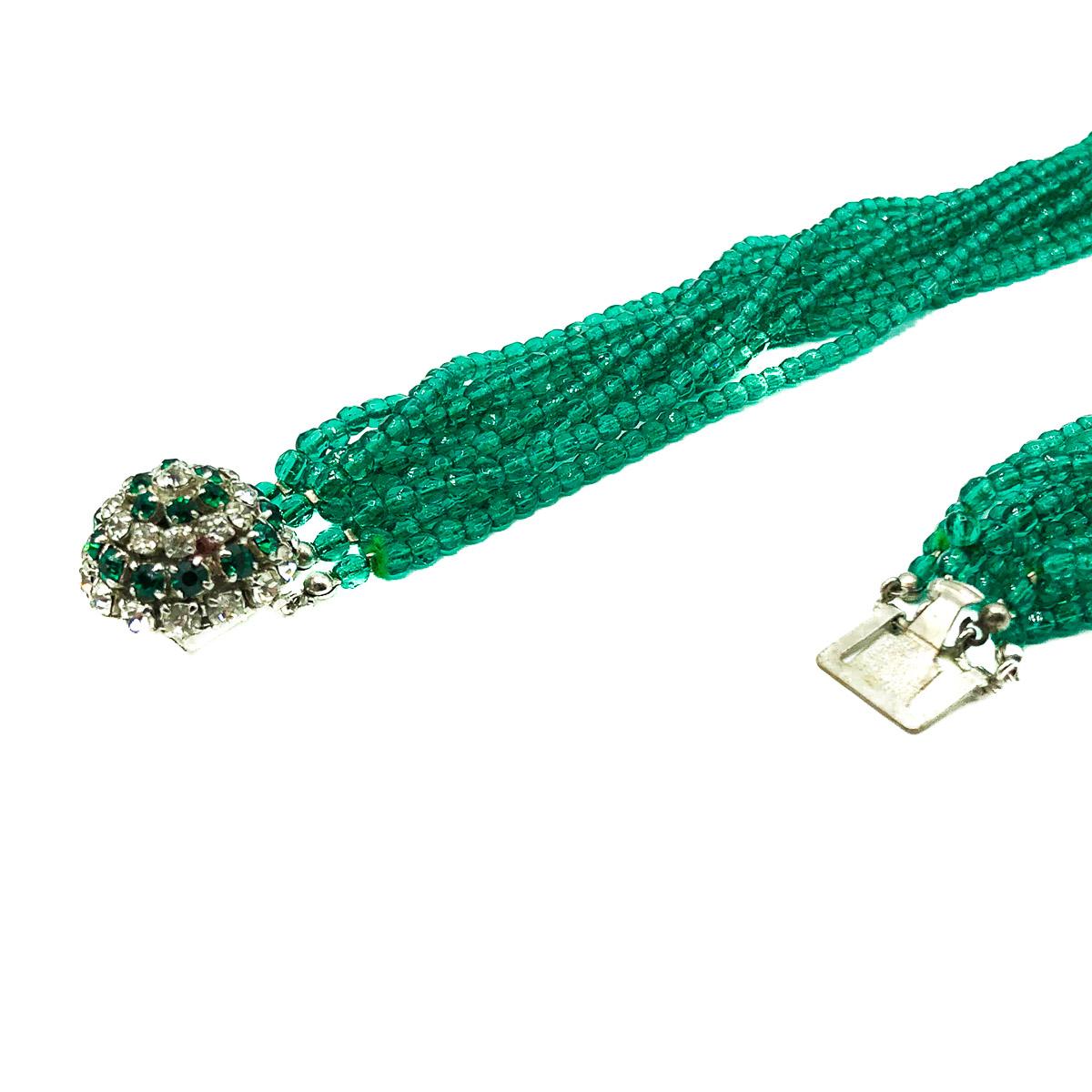 Vintage Christian Dior Silver & Emerald Green Glass Torsade Collar 1964 1