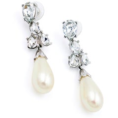 Vintage Christian Dior Silver Plate Crystal & Pearl Drop Earrings
